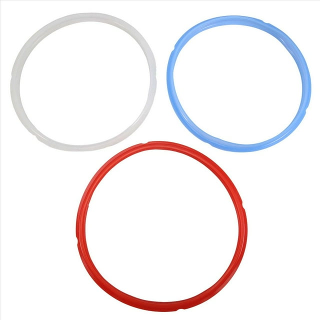 paquete de 3 anillos de sellado para ninja foodi accesorios de junta de silicona de 8 cuartos de galón reemplazo de sellador de goma para freidora de aire vista frontal con tres anillos circulares planos en rojo, blanco translúcido y azul; material gel de sílice, diámetro exterior aprox. 26 cm; solo incluye los tres anillos; adecuados para separar la cocción salada y dulce.