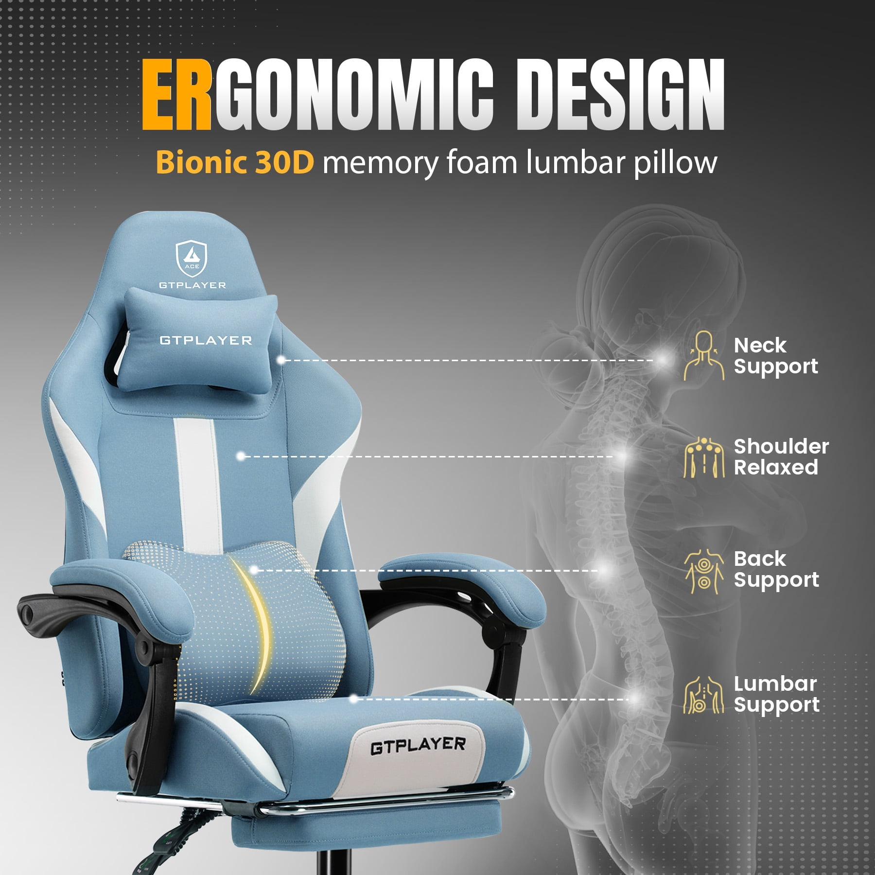 GTPLAYER Ace ProMotion Fabric Gaming Chair with Footrest, Blue