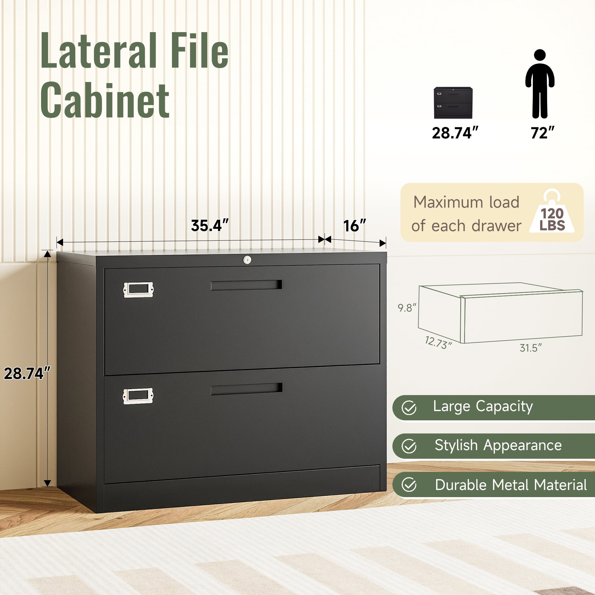 AUHUP 2 Drawer File Cabinet with Lock, Metal Lateral Filing Storage Cabinet Fits Letter/Legal/F4/A4 Size, File Cabinets for Home Office (Black-Assembly Required)