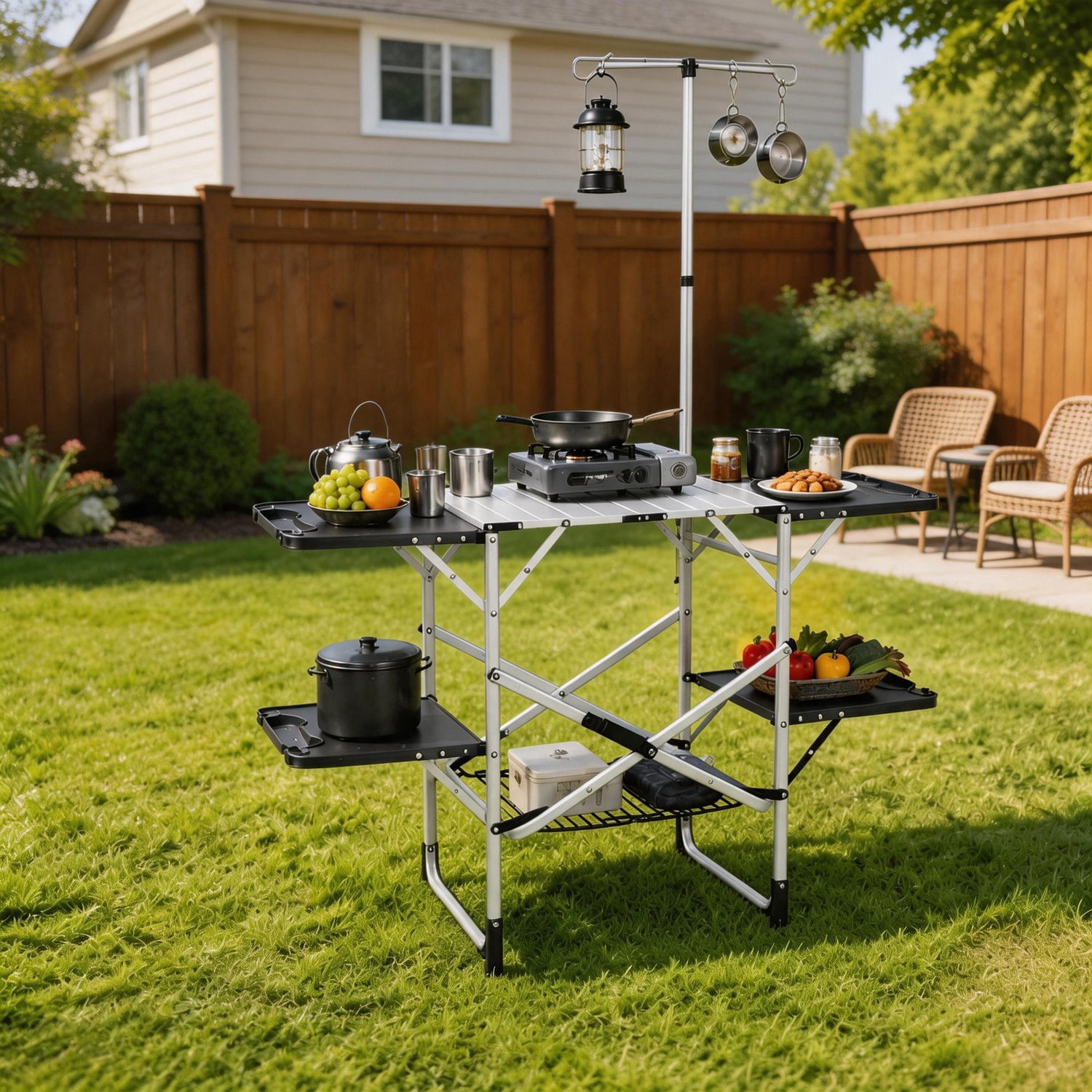 Folding Camping Kitchen Table with Lantern and 4 Side Tables