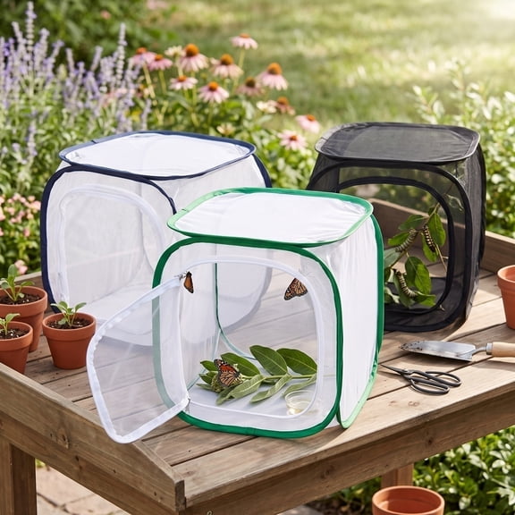 Foldable Butterfly Habitat, 12" Butterfly Cage for Caterpillars, Create Farm, Enclosure for Breeding Soldier Fly, Ladybug, Dragonfly, or Housefly for Chicken and Reptile Feed, Green