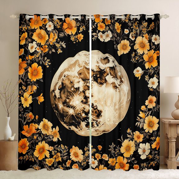 jejeloiu Retro Rustic Floral Blackout Curtains Set of 2 (38x54 Each),Galaxy Planet Curtains and Drapes,Country Flower Living Room Curtains For Girl Teens,Microfiber Bedroom Decor