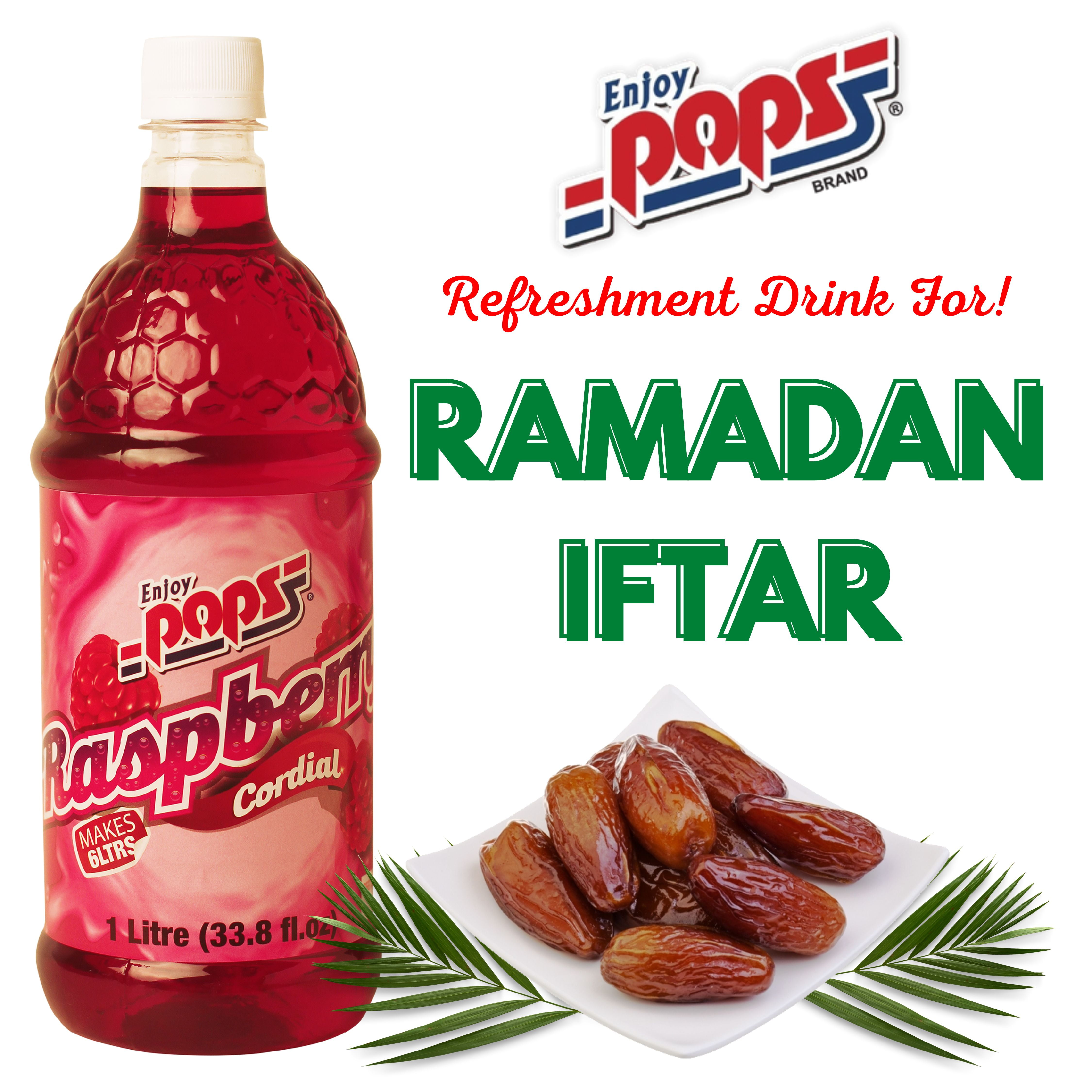 RAMADAN REFRESHMENT DRINK (For Iftar) Beverage Base Raspberry Cordial (Pack Of 1 x 33.8 Oz) Delicious Raspberry Flavor Drink Enjoy POPS®