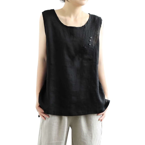 JFGHDG Women's Sleeveless Tank Tops Cotton Linen Tank Tops for Women Flowy Swing Tee Summer Tshirt Cotton Linen Shirts Tunic Tee Casual Comfy Summer Clothes Black L