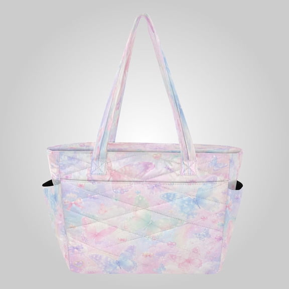 Quilted Tote Bag Large Capacity Multi-Compartment Handbag Lightweight Structured Shoulder Bag Versatile Casual Bag Pastel Sparkle Butterflies Sky