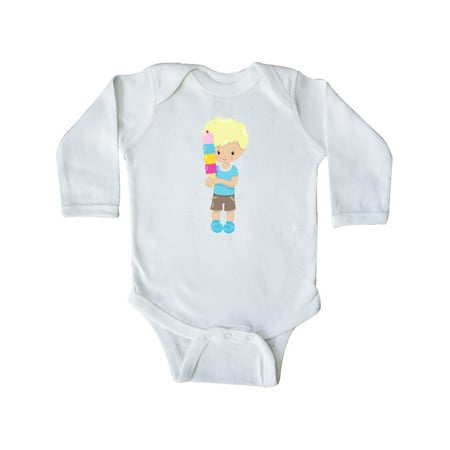 

Inktastic Boy With Ice Cream Blond Hair Blue Shirt Shorts Gift Baby Boy Long Sleeve Bodysuit