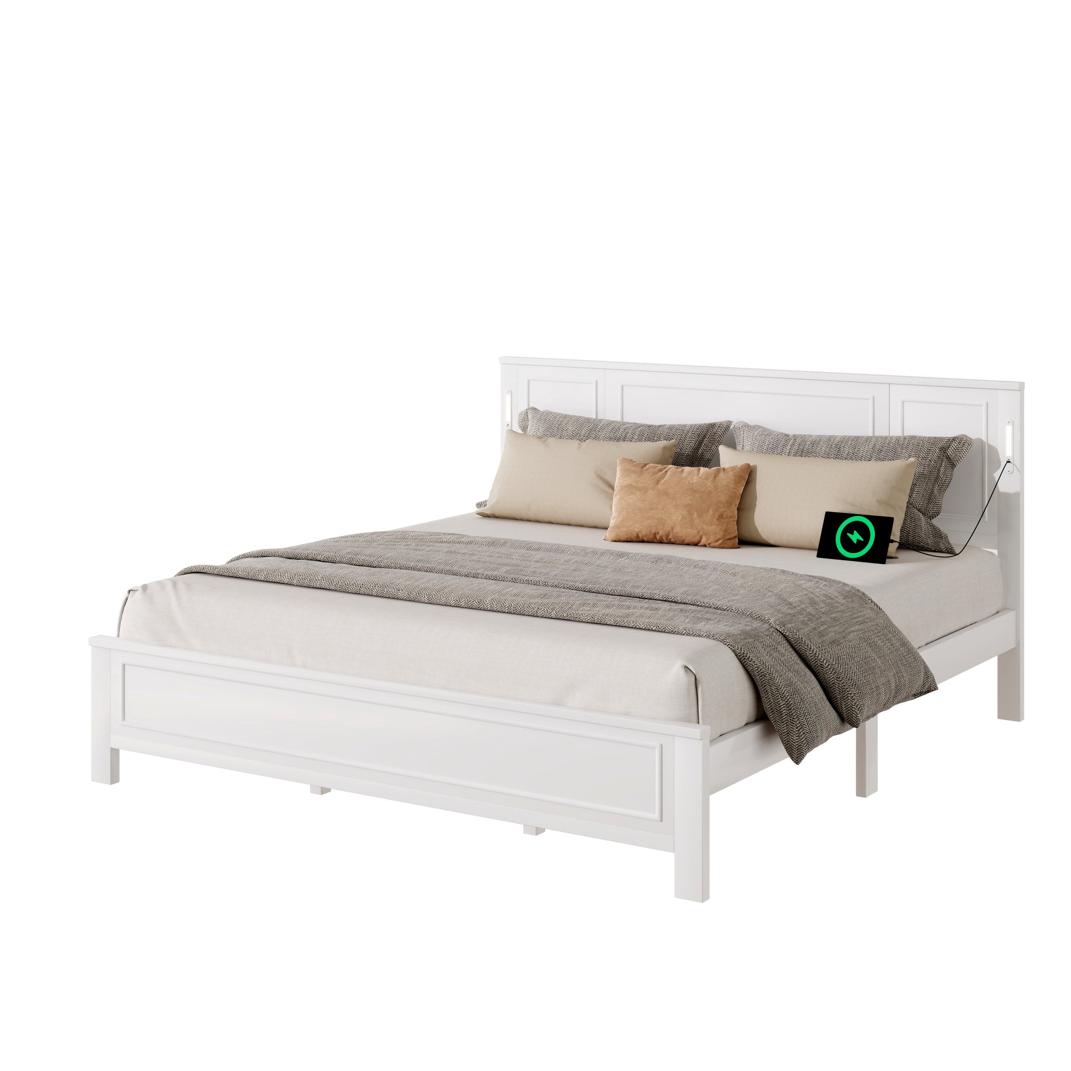 Noble House Nesta King Bed Frame with LED Headboard and USB Charging Station, Solid Pine Wood, Kid's Room, White