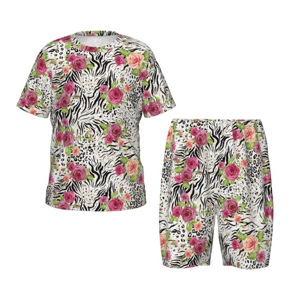 Balery Roses Mixed Zebra Conjunto de Pijama Infantil de Manga Corta con Estampado – Ropa de Dormir de Algodón Suave-Large