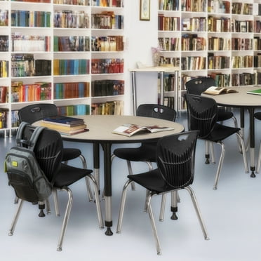 Regency Kee 48" Round Height Adjustable Classroom Table - Maple & 4 Andy 18-in Stack Chairs- Black