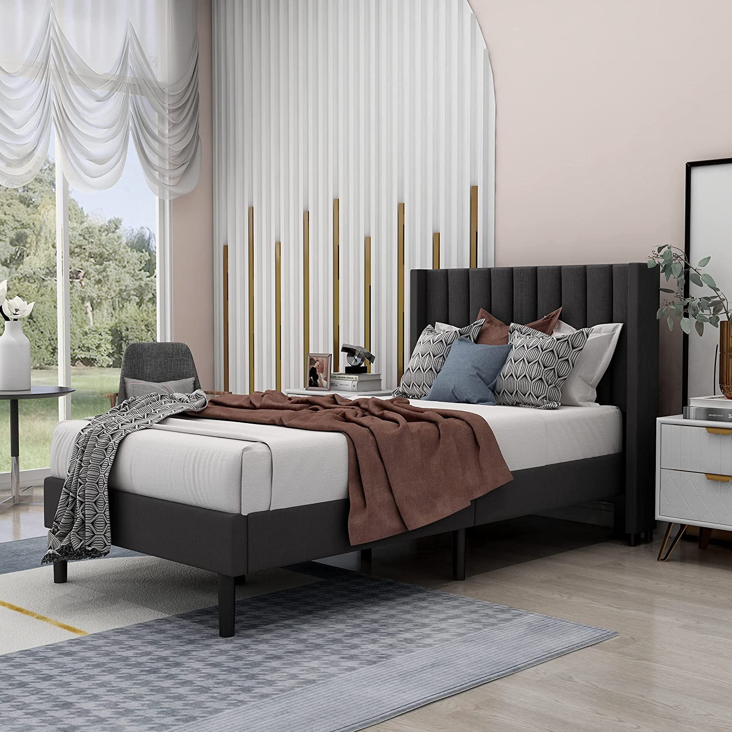 Alazyhome Upholstered Platform Bed Frame With Headboard Darkgrey Queen Walmart Com Walmart Com