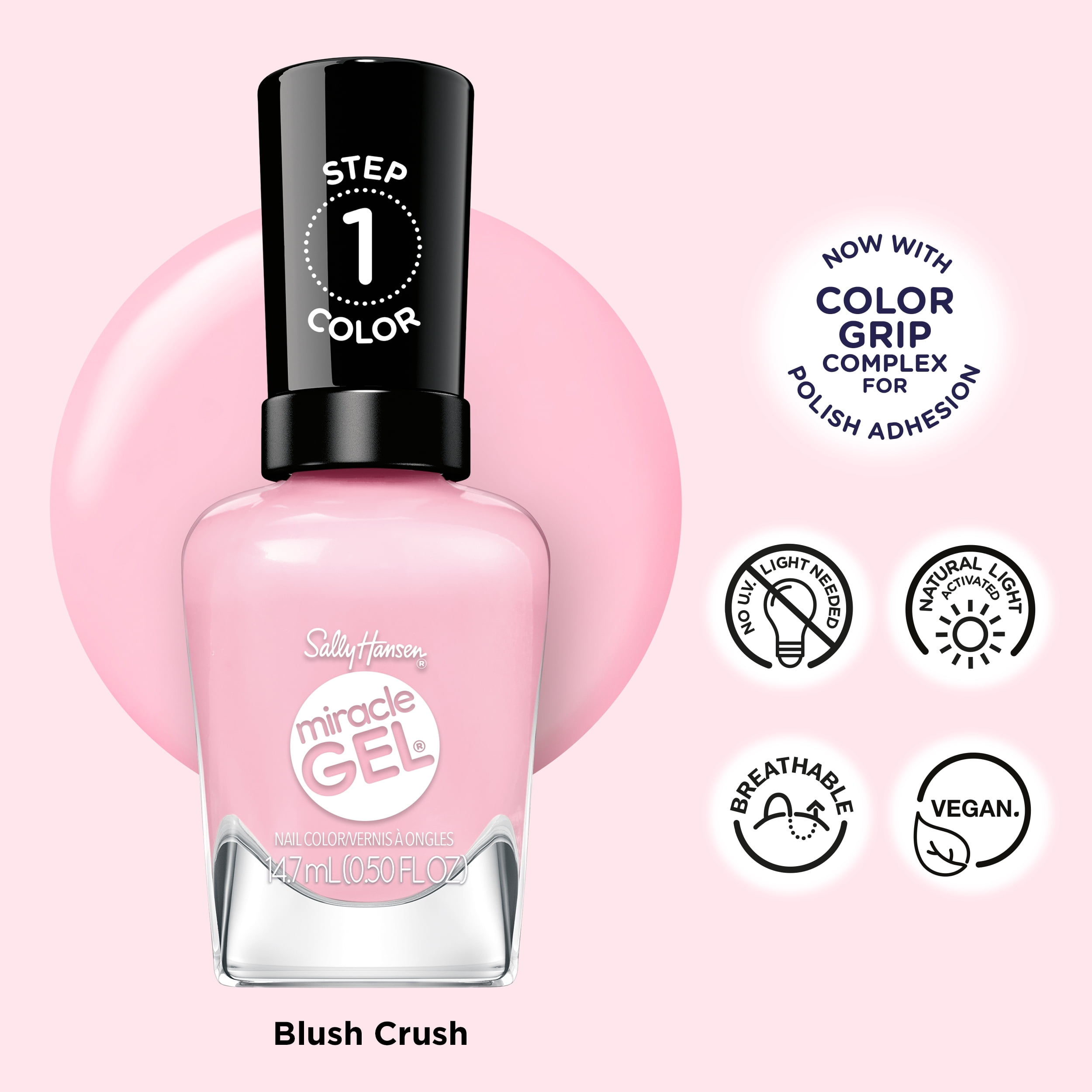Sally Hansen Miracle Gel Supercharged Pinks Nail Polish, Salon-Quality Gel-Like Polish, Long-Lasting, Chip-Resistant, Blush Crush 0.5 fl oz