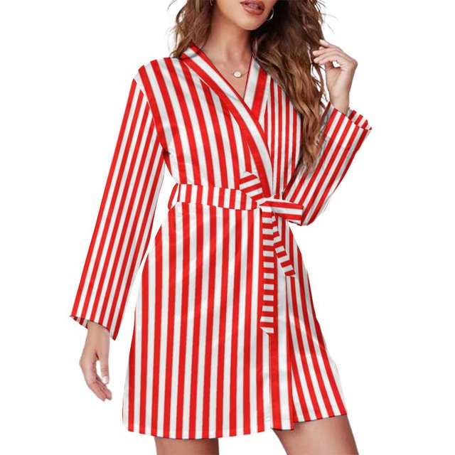 Robe de Pyjama Rayée Rouge et Blanche Col en V Imprimé Vintage Graphique Vêtements de Nuit Manches Longues pour Femmes Robes de Chambre Automne