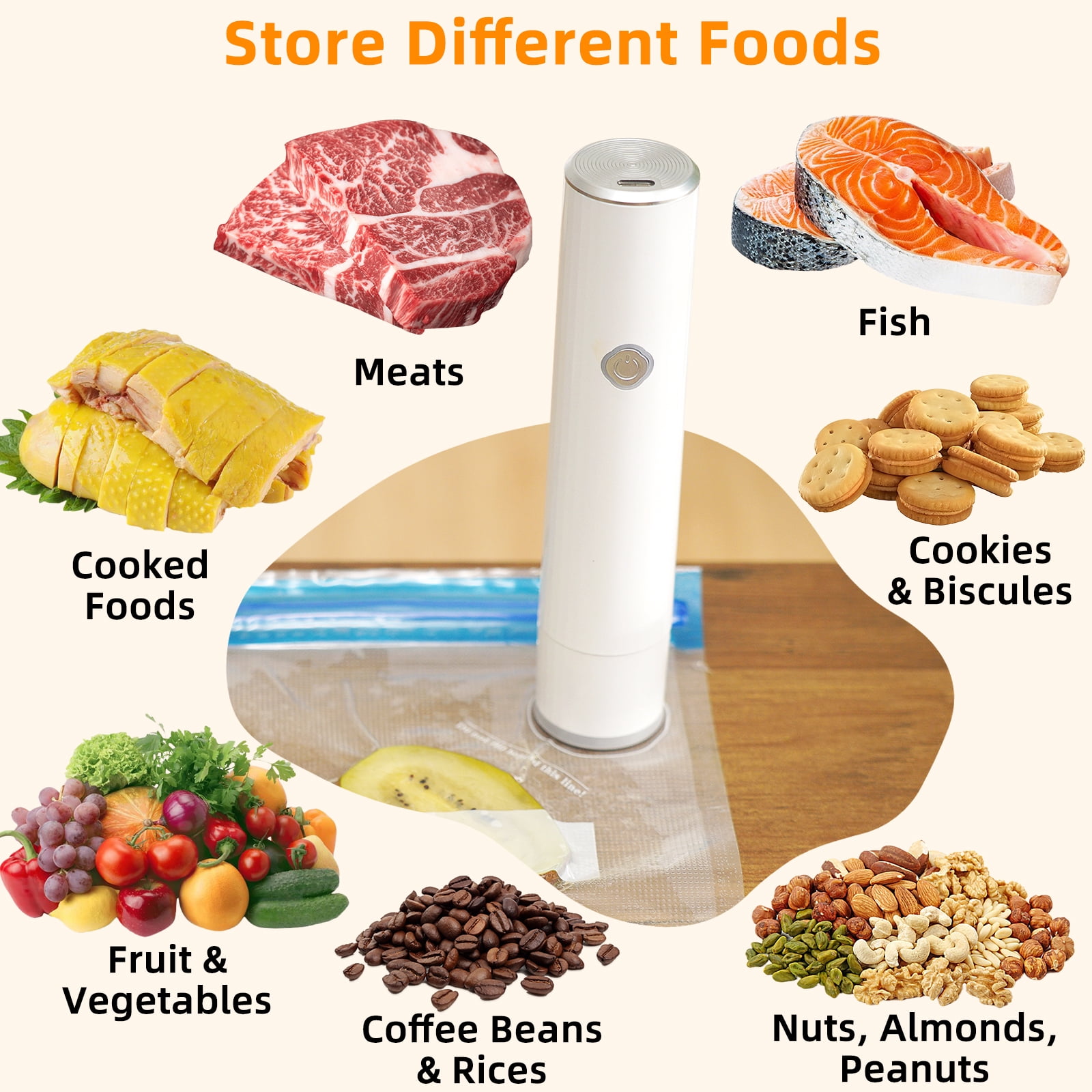 Handheld Vacuum Sealer with 5 Reusable Bags YEERSWAG Powerful Compact Vacuum Sealer for Food, Seal Meal Saver, Portable Food Sealer for Storage & Preservation, White