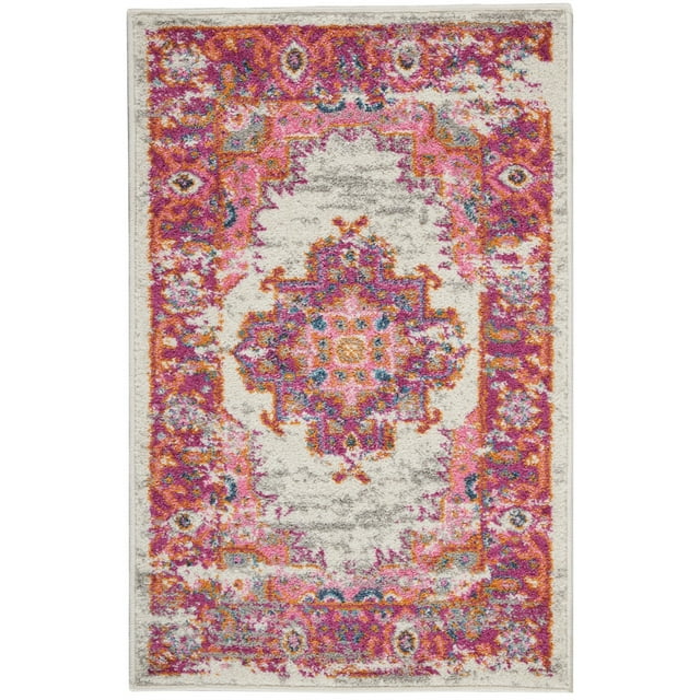 homeroots home decor 385319 2’ x 3' Ivory and Fuchsia Distressed Scatter Rug