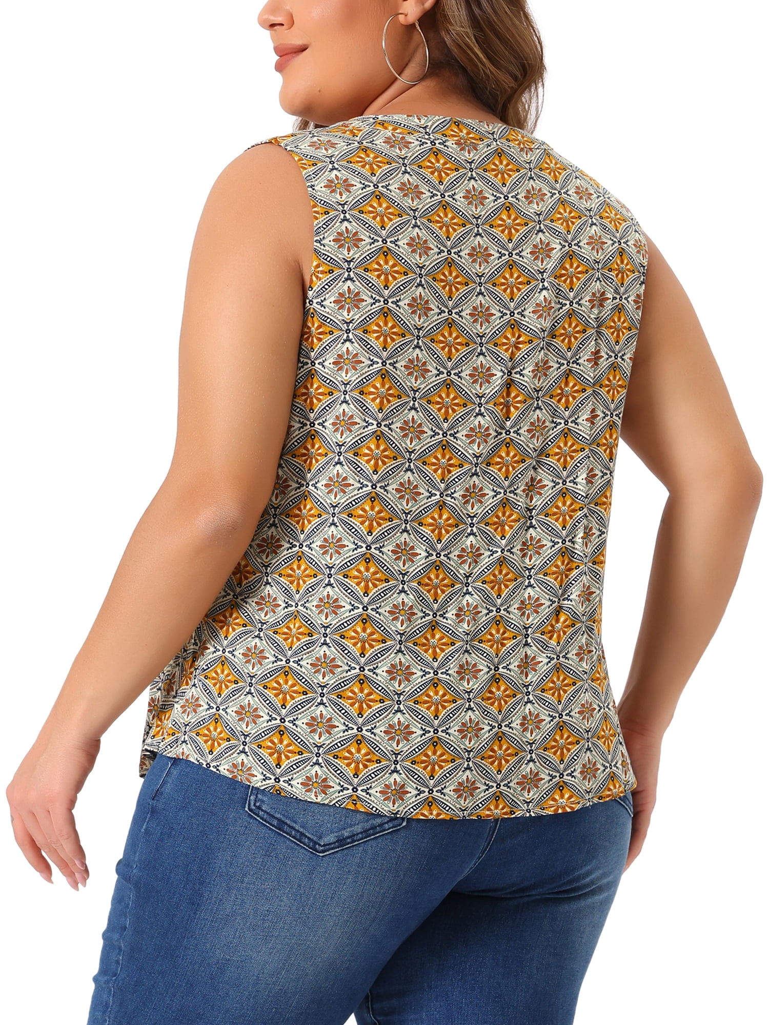 DARING DIVA Women's Plus Sleeveless Floral Print V Neck Tank Top 3X Beige