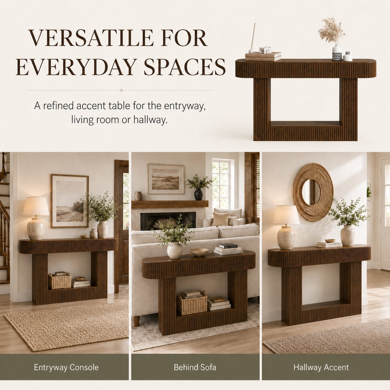 Aukfa 63" Fluted Console Table, Modern Farmhouse Entryway Table Narrow Sofa Table Behind Couch, Walnut