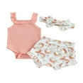 thumbnail image 1 of Infant Baby Girl Clothes Summer Outfits Strap Sleeveless Ribbed Romper Rainbow Ruffle Shorts Headband Set 0-3 Months, 1 of 7