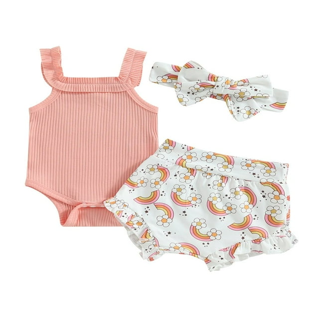 Infant Baby Girl Clothes Summer Outfits Strap Sleeveless Ribbed Romper Rainbow Ruffle Shorts Headband Set 0-3 Months