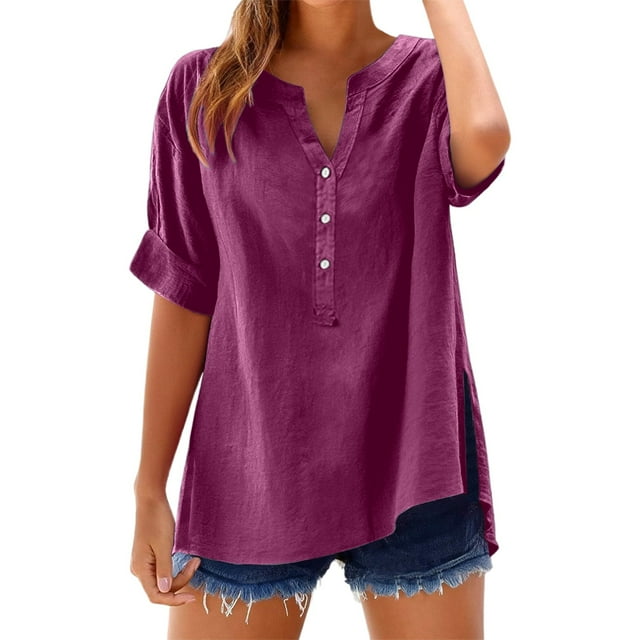 Women Blouses Casual Shirts V Neck Long Sleeve Solid Color Button Comfy Ladies Shirt
