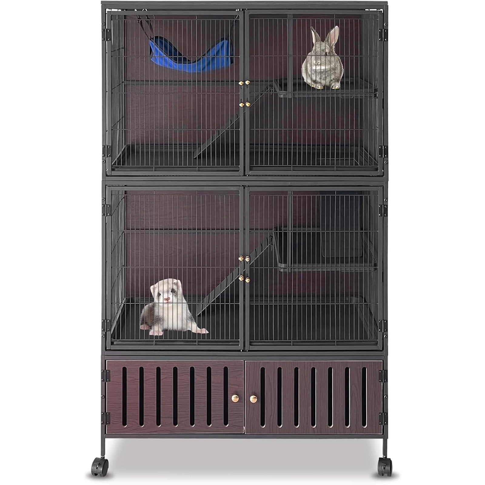 Metal Ferret Cage 36.5"x23"x60" 3-Level Rolling Chinchilla Cage, Small Animal Mansion with Hammock, Lockable Storage & Ramps, Multi-Species Habitat for Ferret, Chinchilla, Guinea Pig, Pet Rat