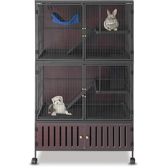 M optimized 60" Large Metal Ferret Cage, 3-Level Chinchilla Cage with Wheels, Multi-Level Small Animal Habitat for Chinchilla/Guinea Pig/Rats, Lockable Doors, Ramps, Hammock & Storage Cabinet