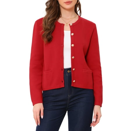 INSPIRE CHIC Button Down Cardigan Sweater for Women's Long Sleeve Crew Neck Solid Casual Knitted Jacket XS Red