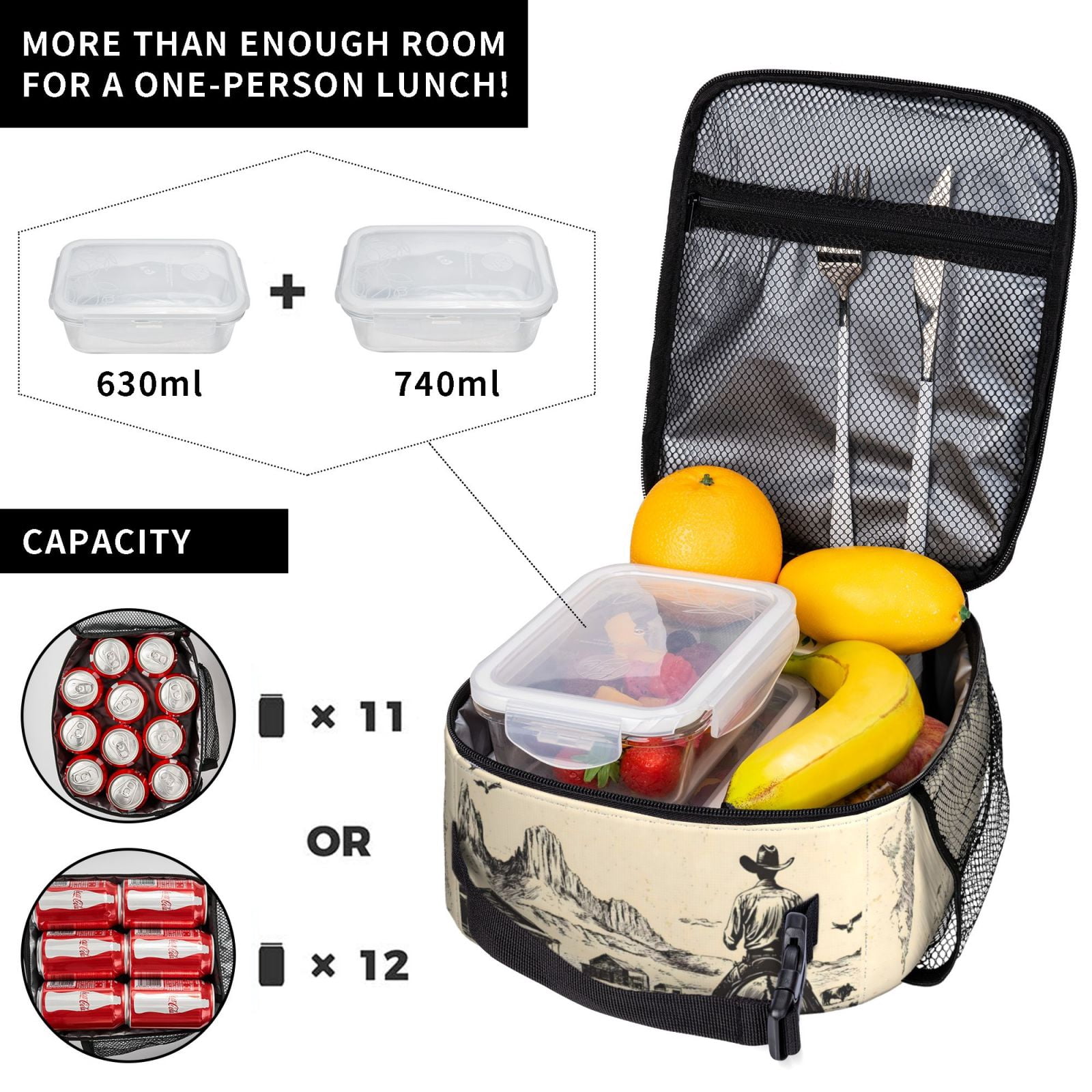 Lunch Bag For Women Men Insulated Portable Lunch Box Bento Box Office Picnic Travel Cooler Bag Desert Cowboy On Horseback