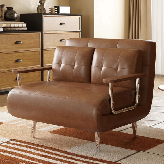 43.3" 3-in-1 Modern Faux Leather Convertible Sofa Bed, Brown Sleeper Sofa with Sturdy Metal Frame & High-Density Foam Filling, for Living Room, Office
