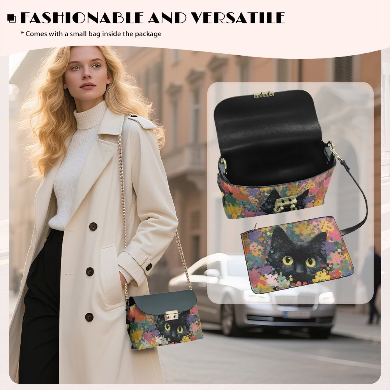 Pzuqiu Flower Cat Leather Crossbody Bags for Women Trendy Soft Leather Quilted Shoulder Bag with Chain Strap Exquisite Practical Quilted Crossbody Purse for Women