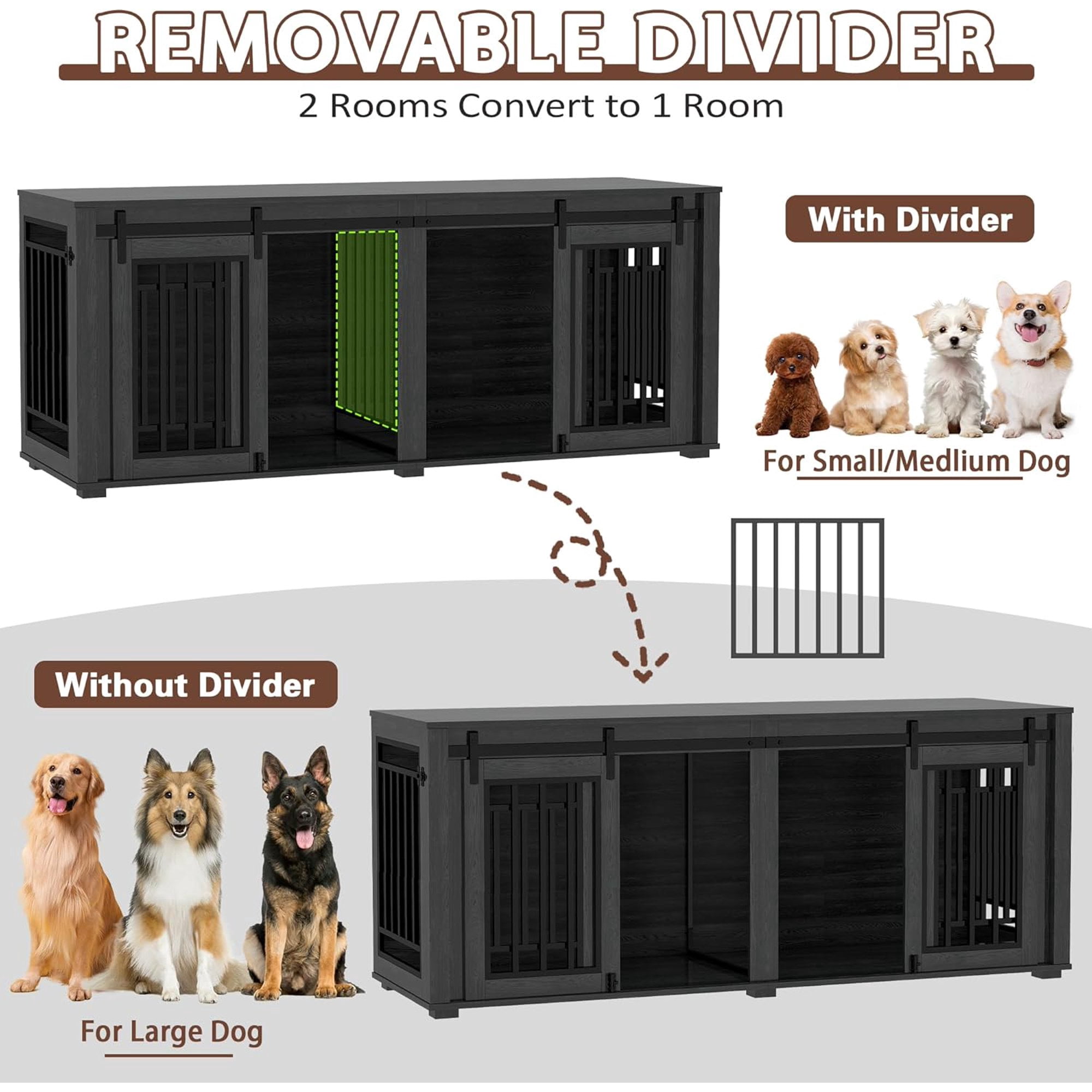NEORIVER Large Dog Crate Furniture for 2 Dogs, 71" Sliding Door Heavy Duty Dog Kennel Furniture with Divider, Steel Frame Indoor Double Dog Crate for Large Medium Small Dogs, Dark Black