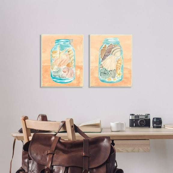 Stupell Industries Beach Shells In Jar Blue Orange Painting Gray Framed Art Print Wall Art Set of 2, 11x14, by Annie Warren