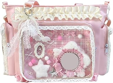 Kawaii Ita Bag with Clear Display Windows - Japanese Lace Ruffle Nylon Messenger Bag, Adjustable Strap, Y2K Cute Handbag for Pins, Badges & Accessories(XX-Pink)