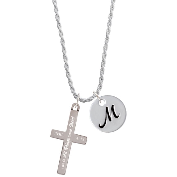 Delight Jewelry Stainless Steel Philippians 4:13 - I Can Do All Things Engraved Cross - Silvertone Script Initial Disc - M - Charm Necklace, 20"+3"