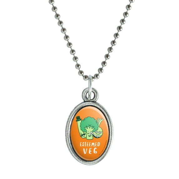 Esteemed Veg Steamed Vegetables Funny Humor Antiqued Oval Charm Pendant with Chain