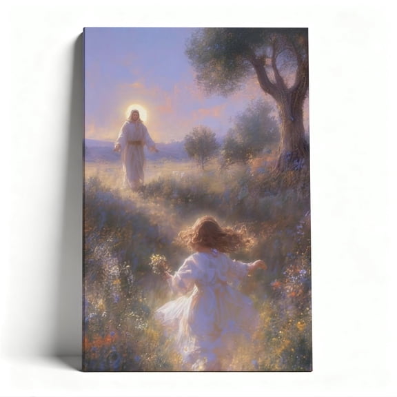 Jesus And Girl In Meadow Canvas Wall Art, Inspirational Christian Decor, Impressionist Artwork For Prayer Room, Ready To Hang
