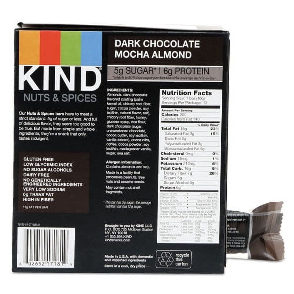 Nuts And Spices Bar, Dark Chocolate Mocha Almond, 1.4 Oz Bar, 12/box | Bundle of 10 Boxes
