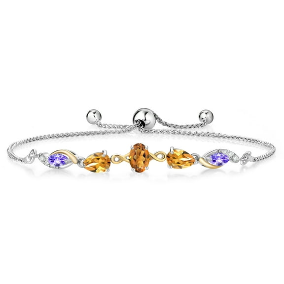 925 Silver and 10K Yellow Gold Orange Red Madeira Citrine Yellow Citrine Blue Tanzanite and Lab Grown Diamond Tennis Bracelet for Women By Keren Hanan (1.36 cttw, Adjustable up To 9 inch)