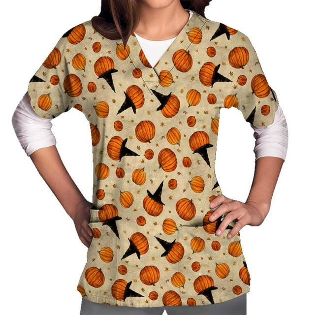 ICHUANYI Clearance Women Short Sleeve V-neck Tops Uniform Printed Pockets Blouse Nursing(Beige, M) ICHUANYI WER2023081203794