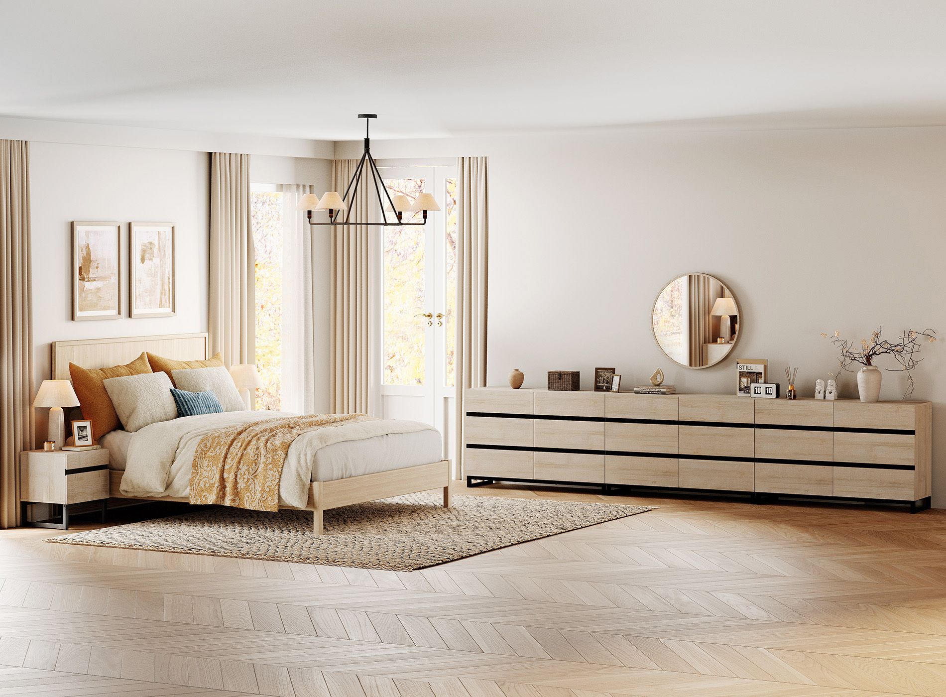 WAMPAT 5-Piece Bedroom Set, Modern 142" 18-Drawer Dresser & 2 Nightstands (2 Drawers Each)
