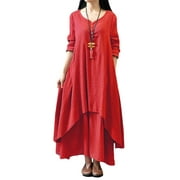 Dress Women Casual Loose Dress Solid Long Sleeve Boho Long Maxi Dress