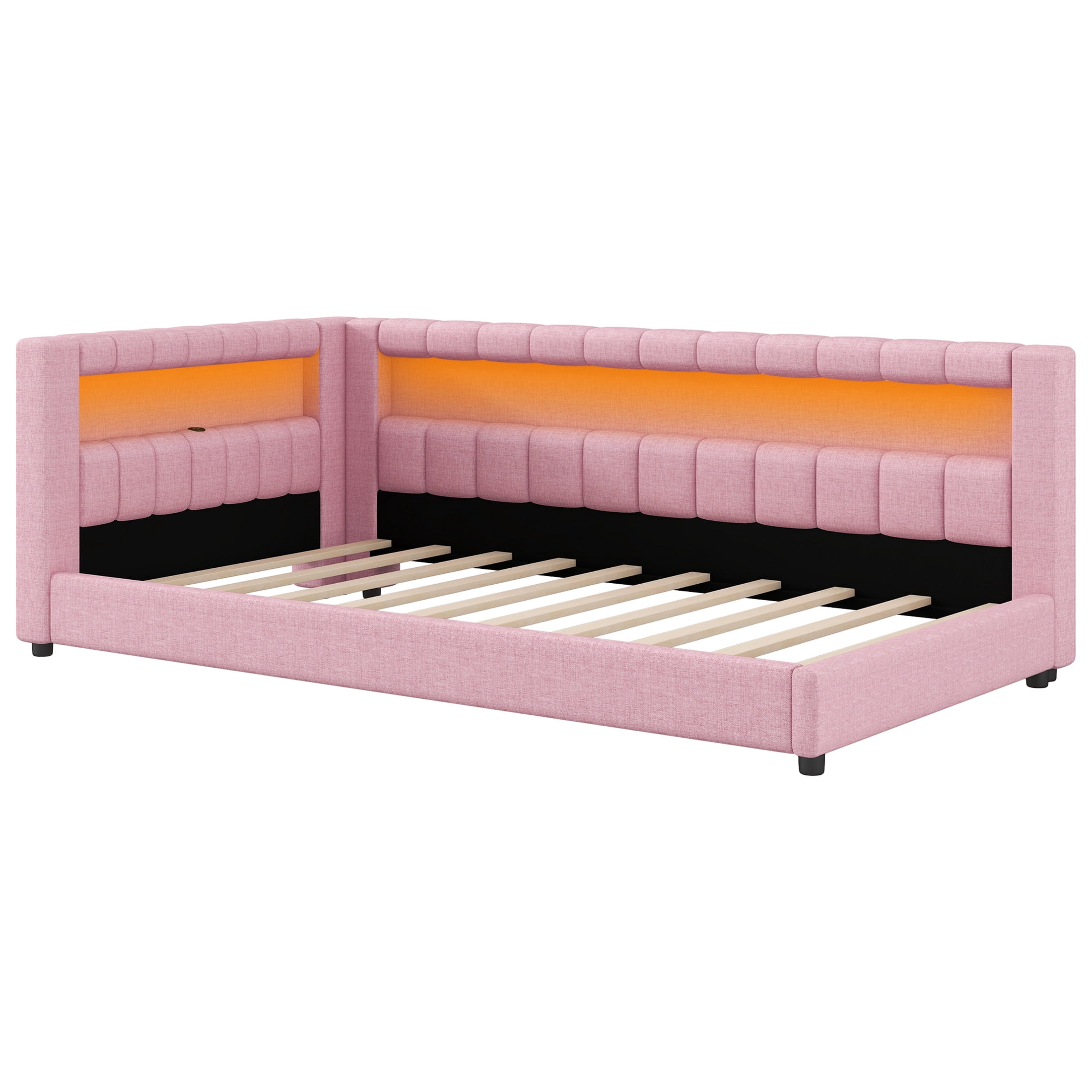 Noble House Dexter Twin XL Linen Upholstered Platform Bed with LED Light Belt and USB Ports, Wood Frame, Pink