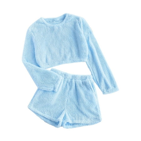 

YIWEI Womens Long Warm Fleece Pajamas Suit Shorts Set Winter Thermal Sleepwear 2pcs Blue M
