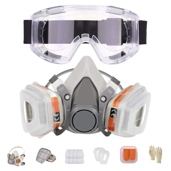 XINBTK Half Face Respirator Mask, Reusable Respirator with Replaceable Filters Goggles Gloves Against Gas, Dust, Organic Vapor Half Face Cover for Spraying, Cutting, Painting