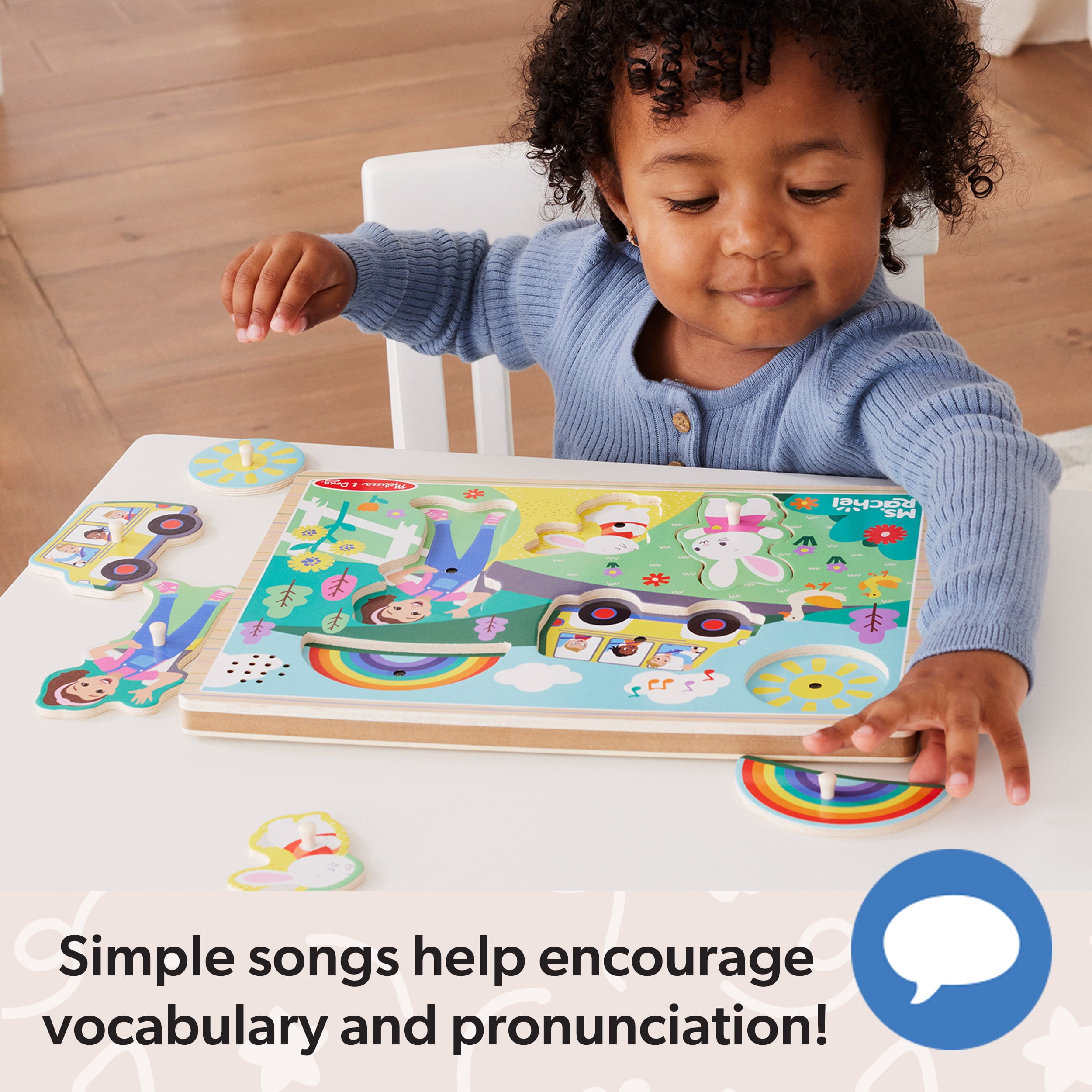 Ms. Rachel™ Melissa & Doug® Wooden Song Peg Puzzle, 6-Piece with Full Songs, Toddler Toys for Boys and Girls Ages 2-5+ Years - FSC Certified