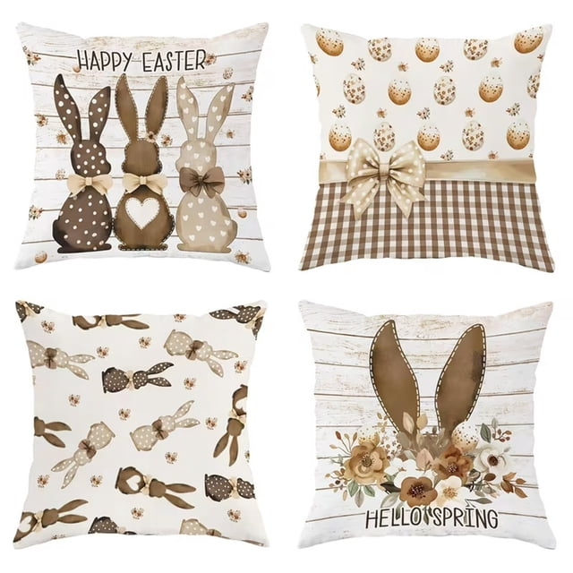 Farmhouse Floral Throw Blanket with Easter Rabbit Design for Living Room Bedroom Sofa 4PCS