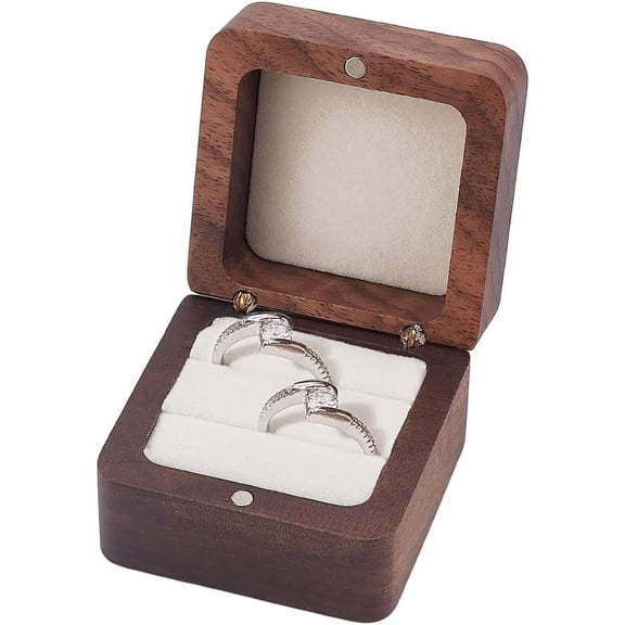 Wooden Ring Bearer Box 2-Slot Wedding Ring Box Rustic Jewelry Box 2.17" Ring Storage Box Square Jewelry Box with White Sponge Inside for Valentine Wedding Proposal Engagement Gifts