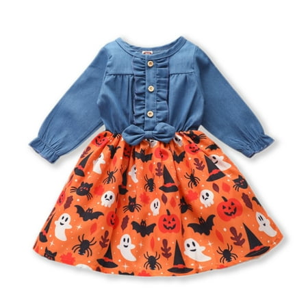 

Toddler & Baby Girls Christmas Dress Ruffled Button Pumpkin Santa Claus Printed Long Sleeve Denim Fall Skirt