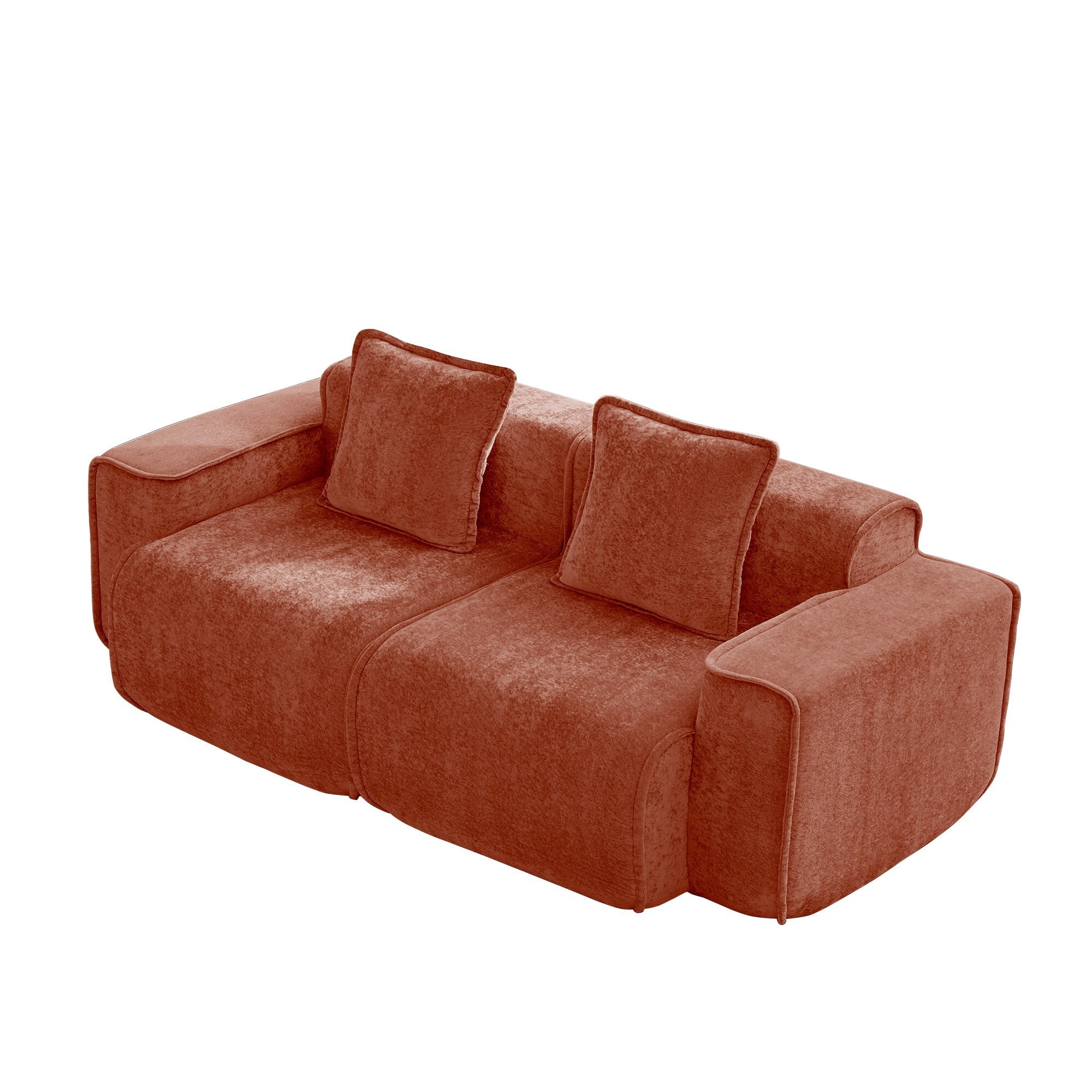 DEALTOPS 78.7" Modern 2-Seater Velvet Boneless Cloud Sofa Couch, Modular Loveseat with 2 Pillows, Terracotta