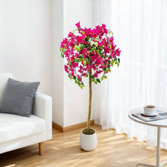 Artificial Bougainvillea Tree with Pink Silk Flowers, 5FT Realistic Faux Plant in Pot for Indoor Outdoor Decor