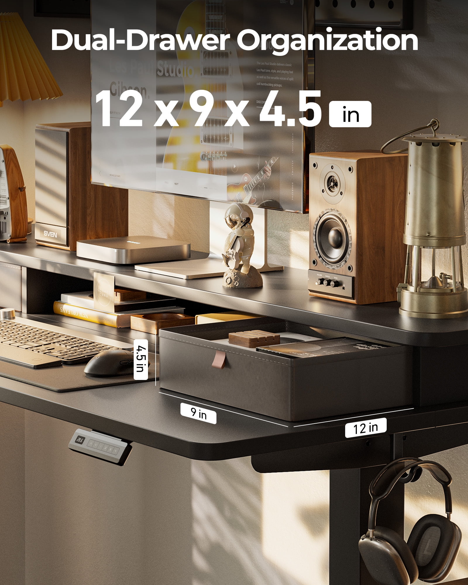 DESINO 63" x 28" Height Adjustable Electric Standing Desk with Double Drawers, Stand Up Desk with Storage Shelf, Home Office Desk Workstation with Splice Board, Black